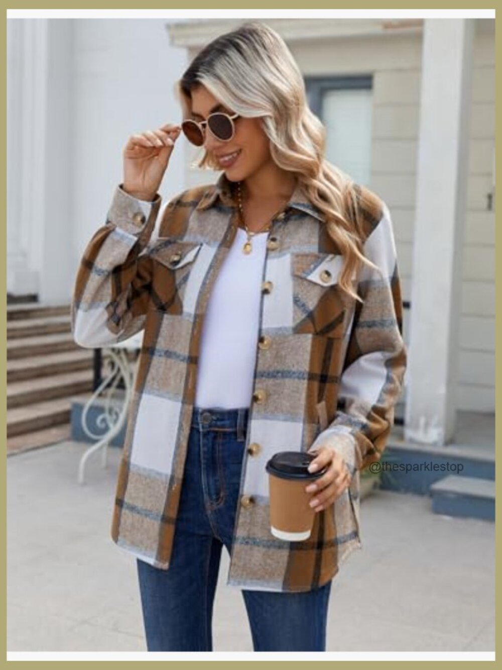 Women's Fleece Sherpa Jacket Long Sleeve Button Down Flannel Shacket Coat with - Picture 3 of 7